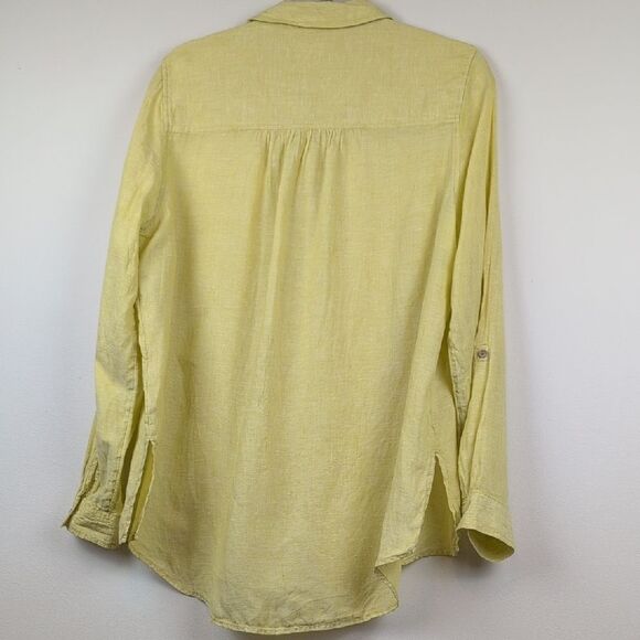 Signed Olsen Yellow Green Linen Roll Tab Sleeves Linen Shirt Size M - Picture 7 of 8